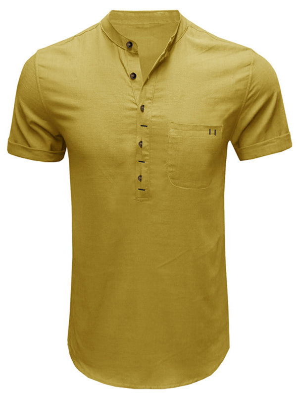 Men’s woven solid color short-sleeved cotton and linen shirt