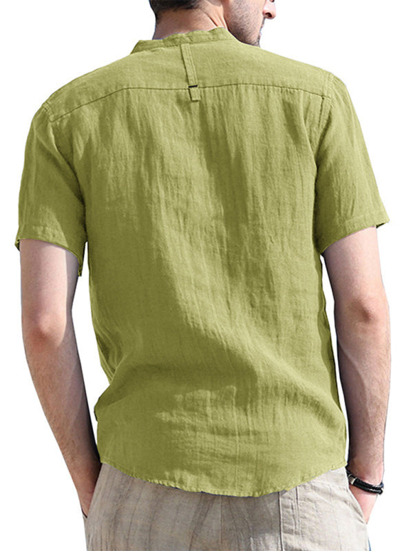 Men’s woven solid color short-sleeved cotton and linen shirt