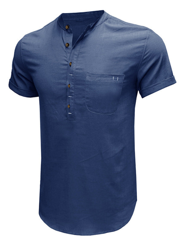 Men’s woven solid color short-sleeved cotton and linen shirt