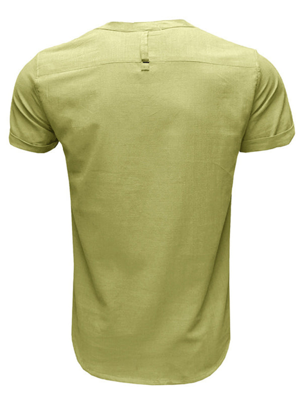 Men’s woven solid color short-sleeved cotton and linen shirt