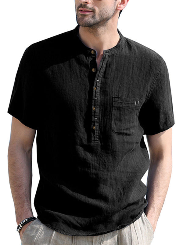 Men’s woven solid color short-sleeved cotton and linen shirt - Black / S