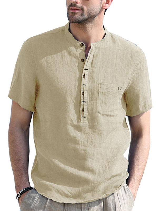 Men’s woven solid color short-sleeved cotton and linen shirt - Cracker khaki / S