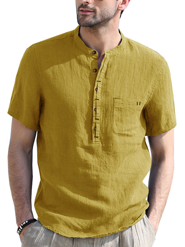 Men’s woven solid color short-sleeved cotton and linen shirt - Ginger yellow / S