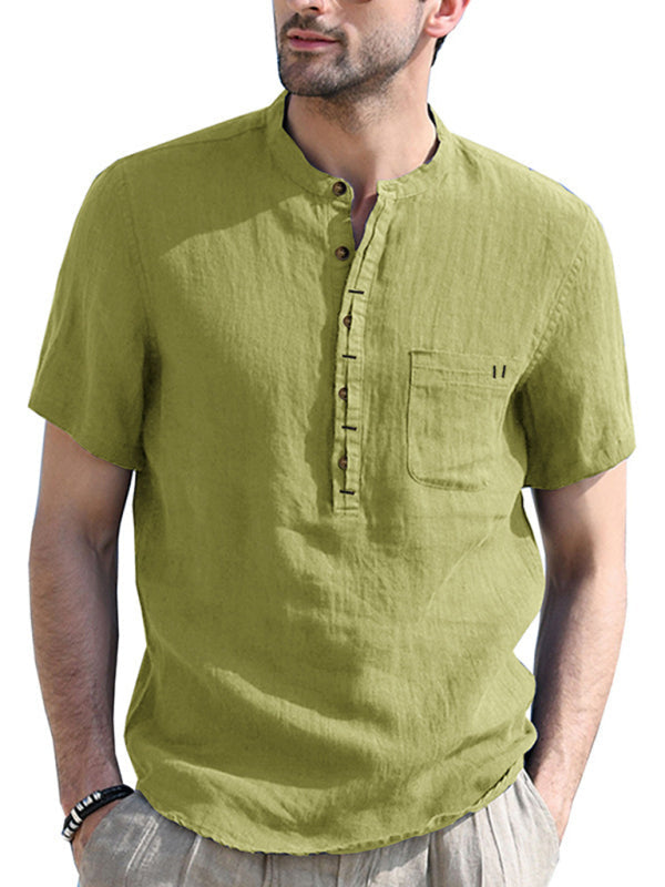 Men’s woven solid color short-sleeved cotton and linen shirt - Green / S