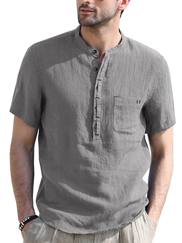 Men’s woven solid color short-sleeved cotton and linen shirt - Grey / S