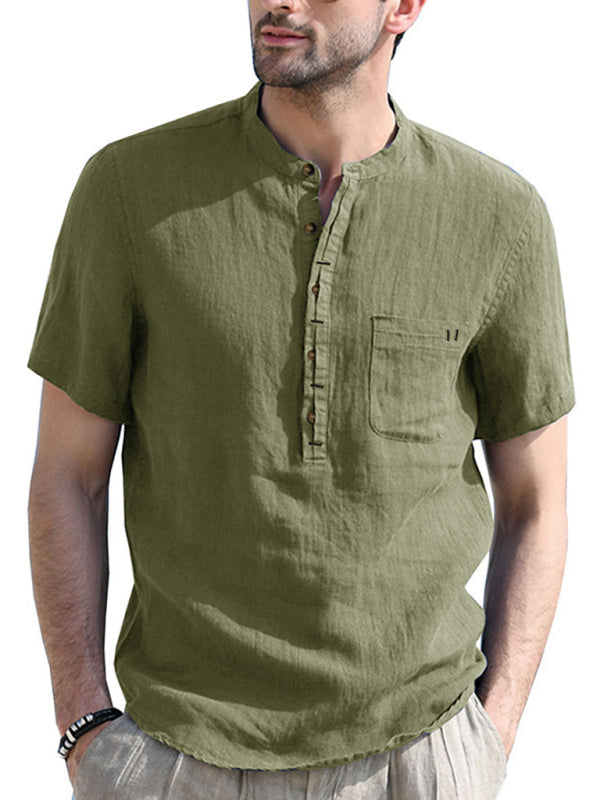 Men’s woven solid color short-sleeved cotton and linen shirt - Olive green / S