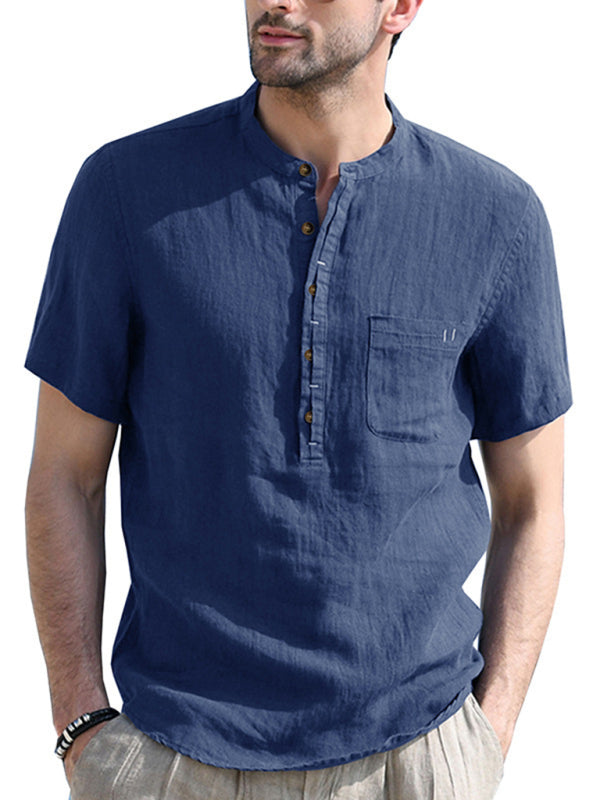 Men’s woven solid color short-sleeved cotton and linen shirt - Royal blue / S
