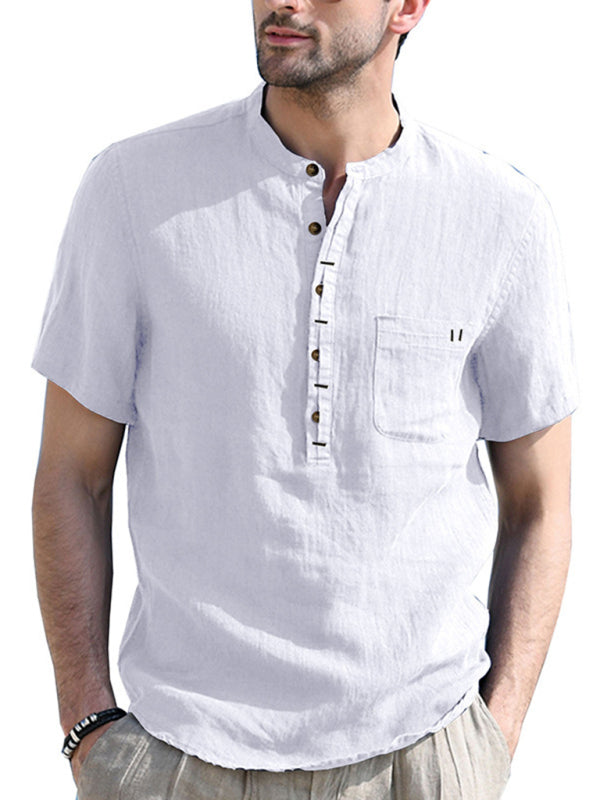 Men’s woven solid color short-sleeved cotton and linen shirt - White / S