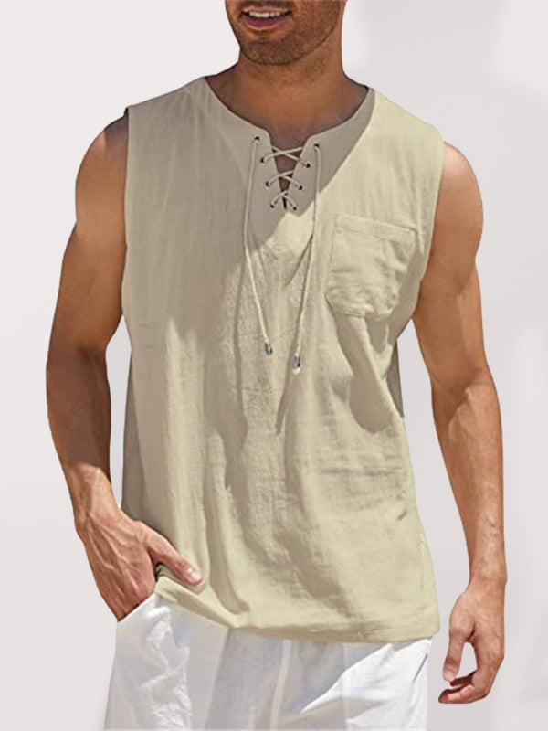 Men’s Woven Tie Stand Collar Pullover Vest - Khaki / S