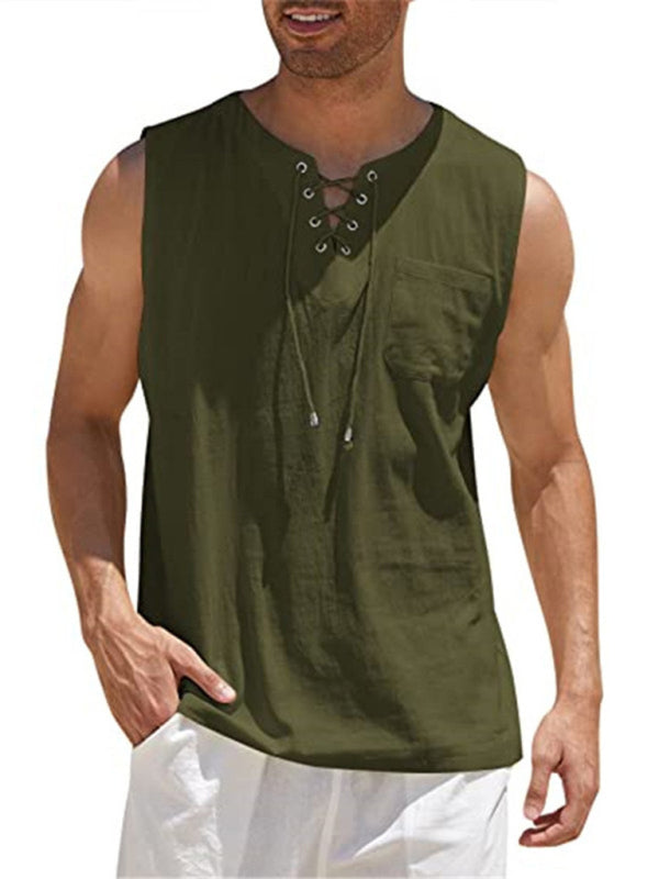 Men’s Woven Tie Stand Collar Pullover Vest - Olive green / S