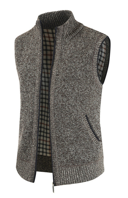 Men’s Zip Vest Solid Color Stand Collar Sleeveless Knit Cardigan - Coffee / M