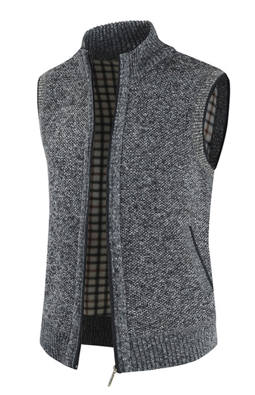 Men’s Zip Vest Solid Color Stand Collar Sleeveless Knit Cardigan - Charcoal grey / M