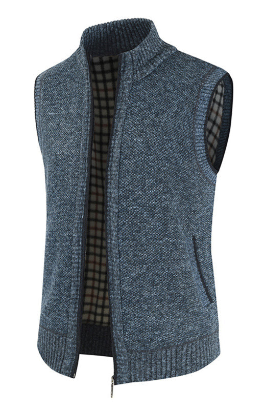 Men’s Zip Vest Solid Color Stand Collar Sleeveless Knit Cardigan - Blue / M