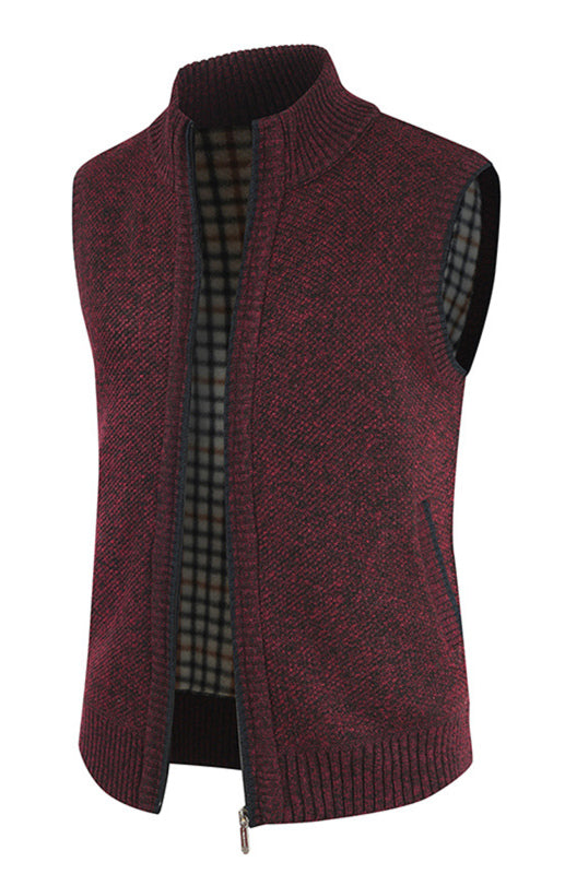 Men’s Zip Vest Solid Color Stand Collar Sleeveless Knit Cardigan - Wine Red / M
