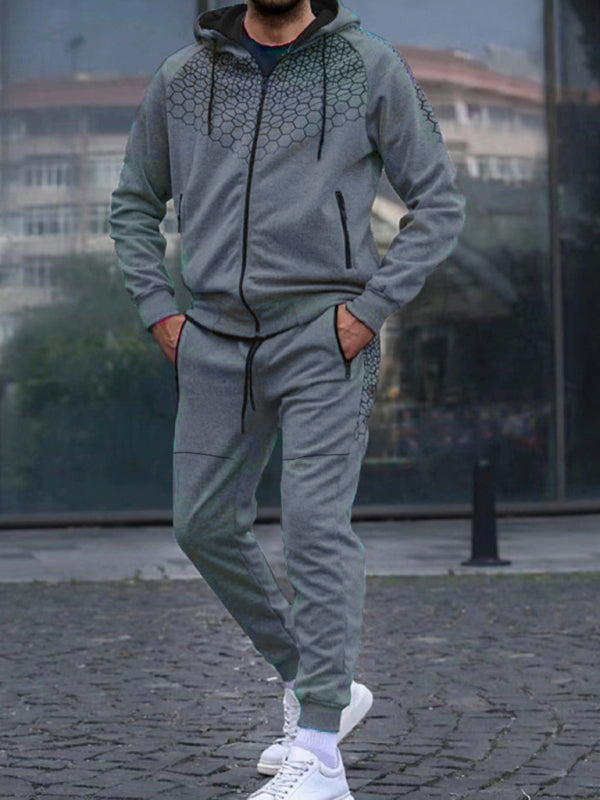 Men’s Zipper Hooded Cardigan Jacket Honeycomb Print Casual Sweatshirt Trousers Set