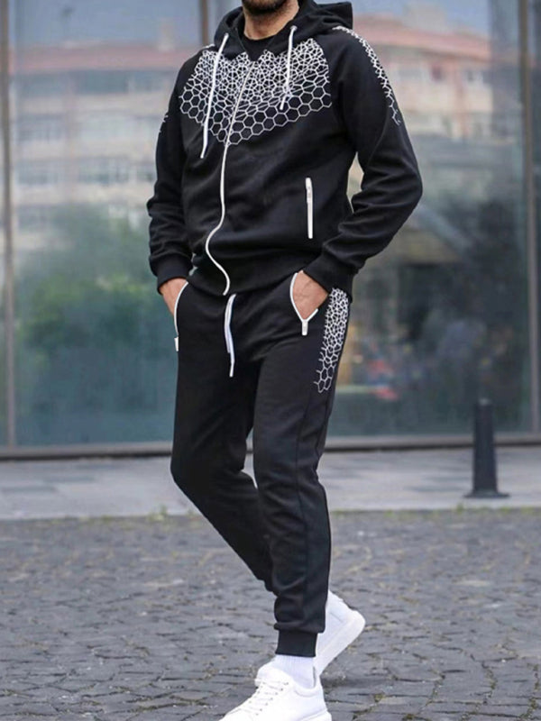 Men’s Zipper Hooded Cardigan Jacket Honeycomb Print Casual Sweatshirt Trousers Set