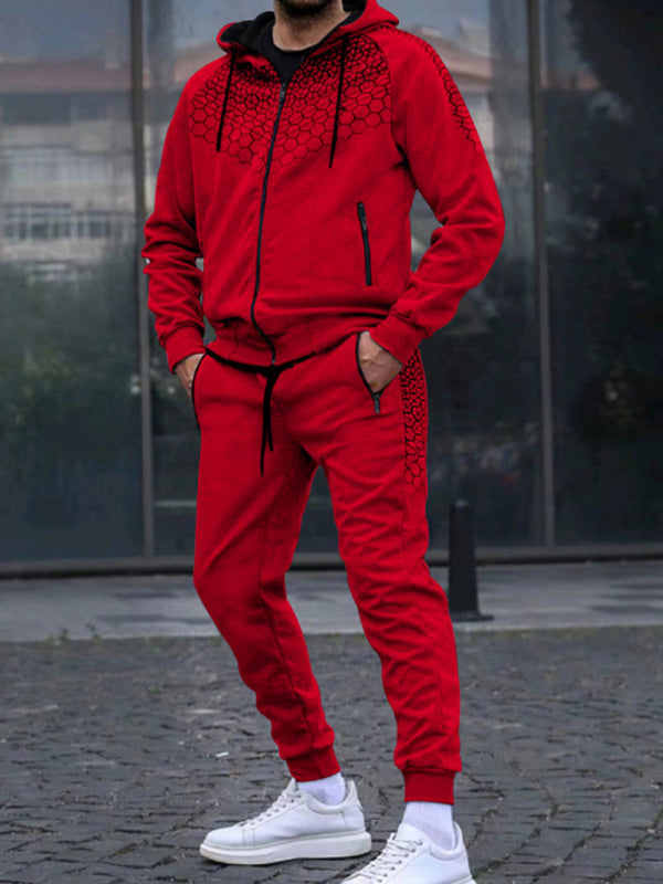 Men’s Zipper Hooded Cardigan Jacket Honeycomb Print Casual Sweatshirt Trousers Set - Red / M
