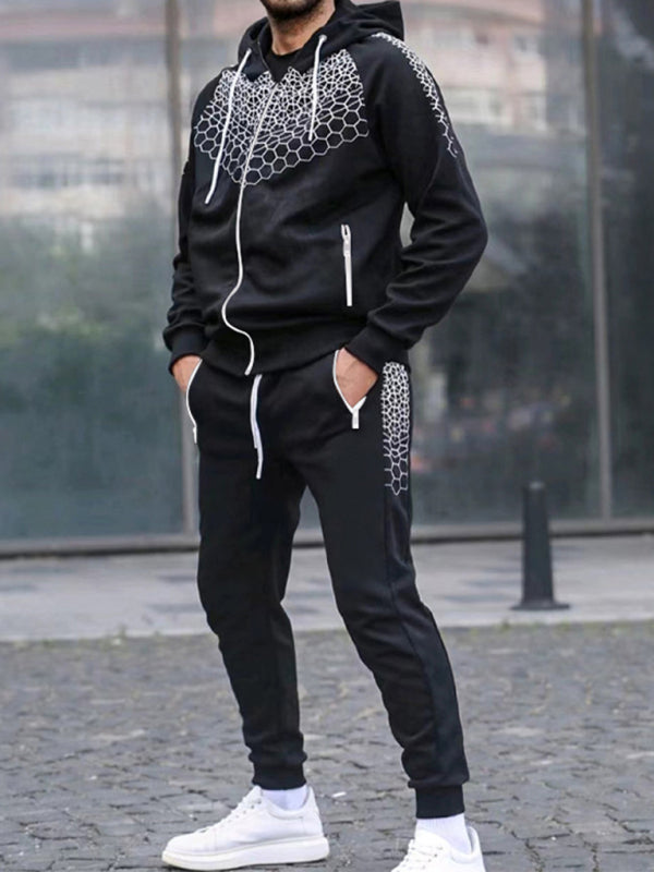 Men’s Zipper Hooded Cardigan Jacket Honeycomb Print Casual Sweatshirt Trousers Set