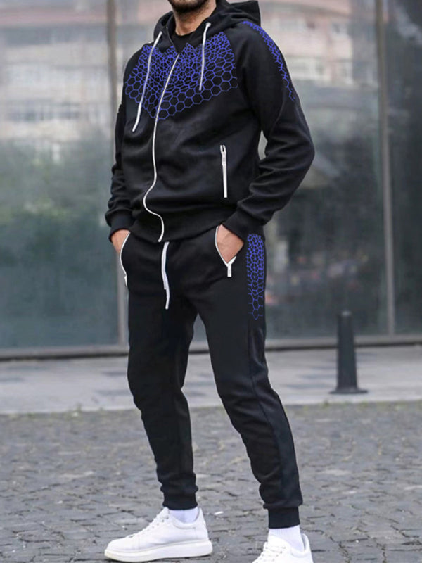 Men’s Zipper Hooded Cardigan Jacket Honeycomb Print Casual Sweatshirt Trousers Set