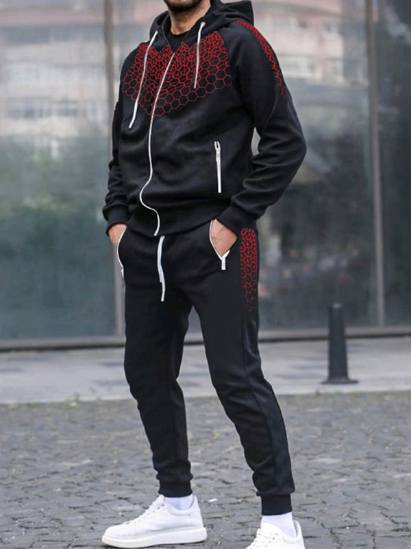Men’s Zipper Hooded Cardigan Jacket Honeycomb Print Casual Sweatshirt Trousers Set