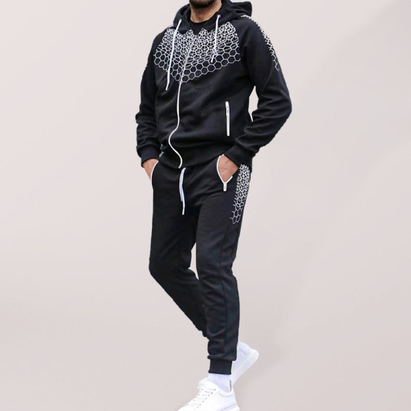 Men’s Zipper Hooded Cardigan Jacket Honeycomb Print Casual Sweatshirt Trousers Set - Black / M