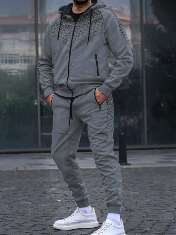 Men’s Zipper Hooded Cardigan Jacket Honeycomb Print Casual Sweatshirt Trousers Set - Charcoal grey / M