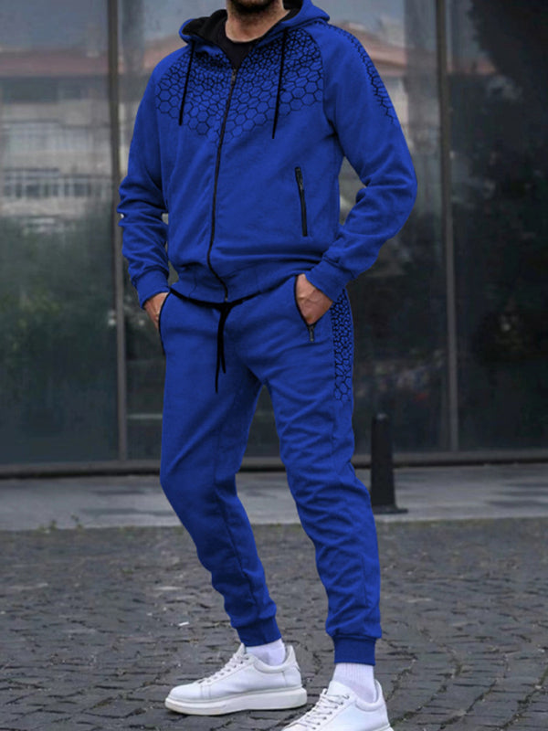 Men’s Zipper Hooded Cardigan Jacket Honeycomb Print Casual Sweatshirt Trousers Set - Blue / M