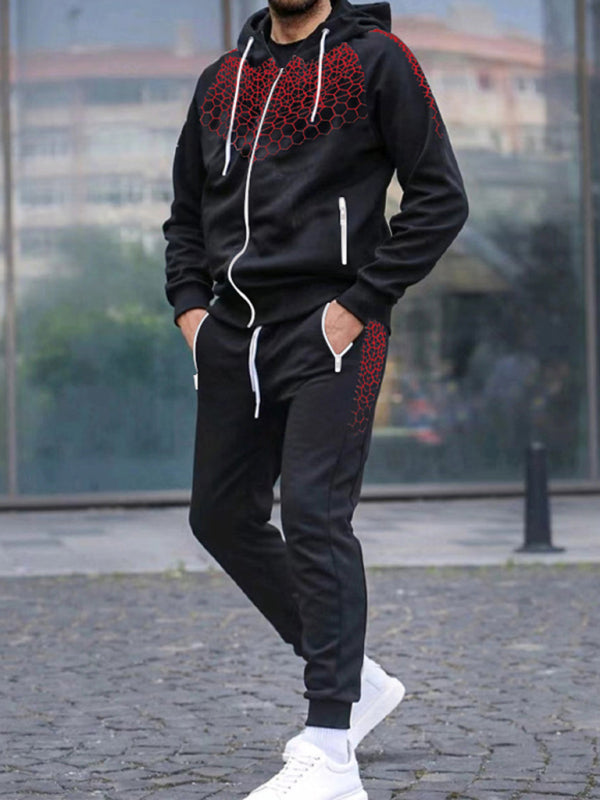 Men’s Zipper Hooded Cardigan Jacket Honeycomb Print Casual Sweatshirt Trousers Set - Dark red / M