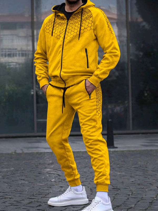 Men’s Zipper Hooded Cardigan Jacket Honeycomb Print Casual Sweatshirt Trousers Set - Yellow / M