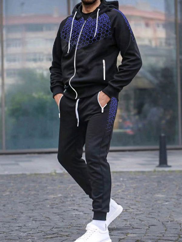 Men’s Zipper Hooded Cardigan Jacket Honeycomb Print Casual Sweatshirt Trousers Set - Royal blue / M