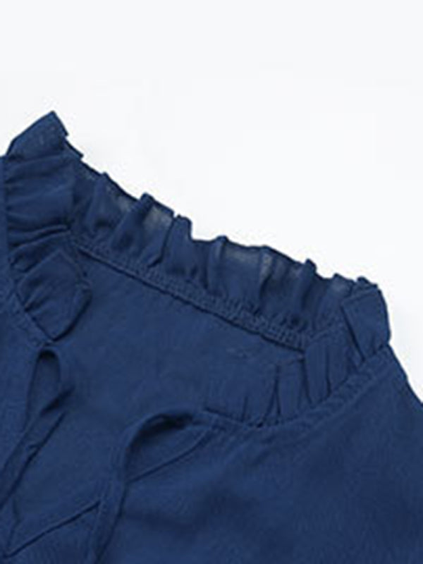 Neck Tie Pleated Elastic Waist Dress Women's Dress - Closther