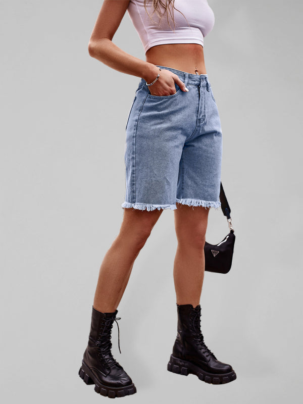 New all-match raw edge straight denim cropped pants casual shorts - Blue / S