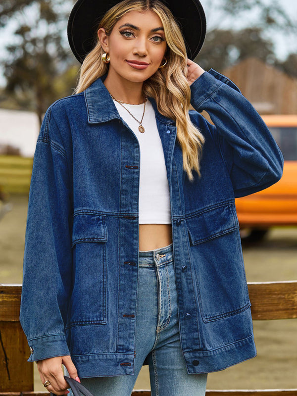 New all-match slim retro classic loose denim casual jacket top - Purplish blue navy / S