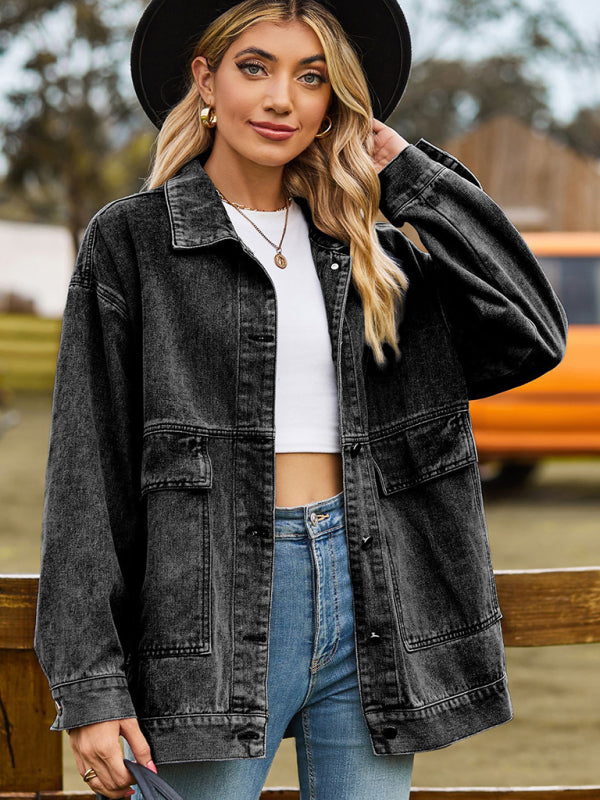 New all-match slim retro classic loose denim casual jacket top - Black / S