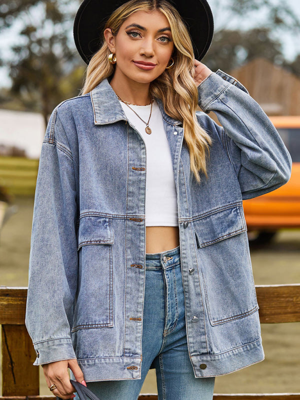 New all-match slim retro classic loose denim casual jacket top - Clear blue / S