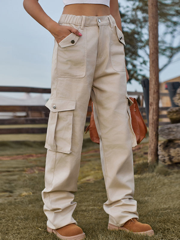New American Style Retro Elastic Waist Denim Overalls Casual Pants - Khaki / S