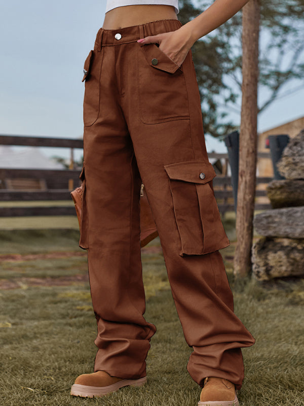 New American Style Retro Elastic Waist Denim Overalls Casual Pants - Brown / S