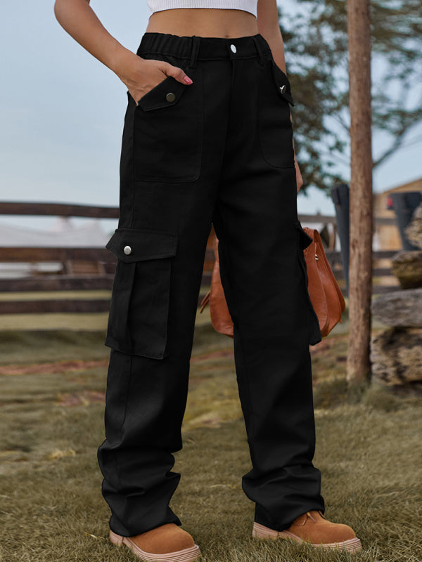 New American Style Retro Elastic Waist Denim Overalls Casual Pants - Black / S