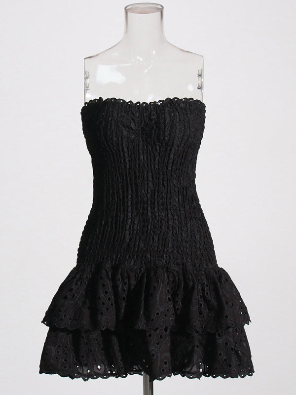 New Arrival Strapless Slim Ruffle Hem Embroidered Short Dress - Black / S