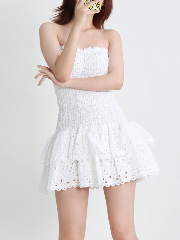 New Arrival Strapless Slim Ruffle Hem Embroidered Short Dress - White / S