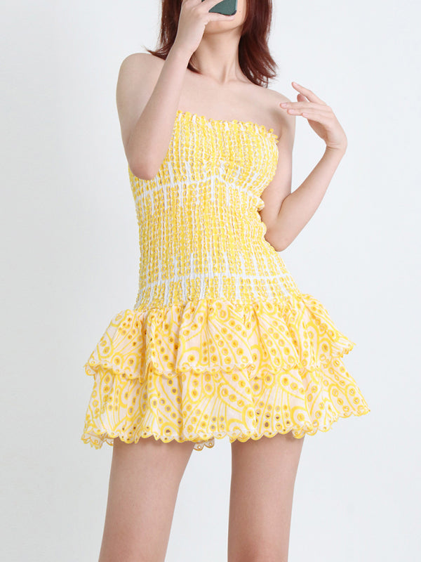 New Arrival Strapless Slim Ruffle Hem Embroidered Short Dress - Yellow / S