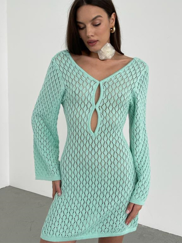 New beach dress solid color sexy knitted hollow bikini swimsuit cover up sun protection clothing - Mint Green / S