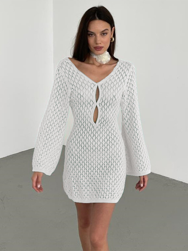 New beach dress solid color sexy knitted hollow bikini swimsuit cover up sun protection clothing - White / S