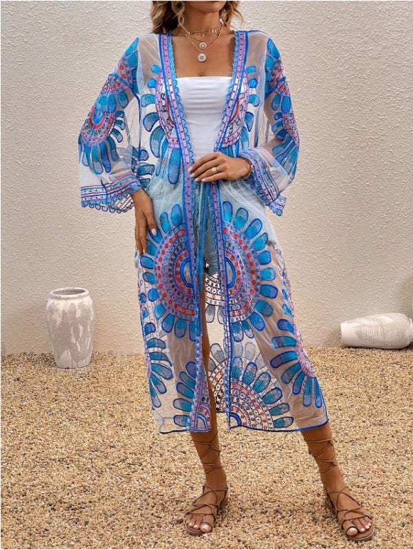 New Beach Skirt Casual Vacation Lace Cardigan Bikini Swimsuit Cover-Up Sun Protection Wear - Blue / FREESIZE