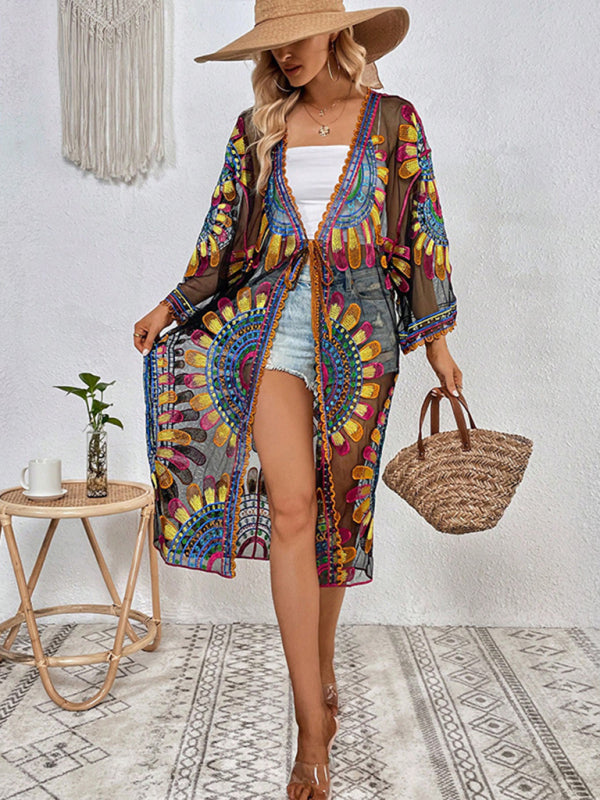New Beach Skirt Casual Vacation Lace Cardigan Bikini Swimsuit Cover-Up Sun Protection Wear - Black / FREESIZE