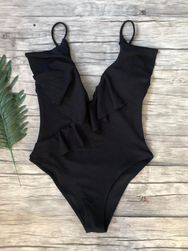 New bikini solid color one-piece ruffled sexy shoulder swimsuit - Black / S
