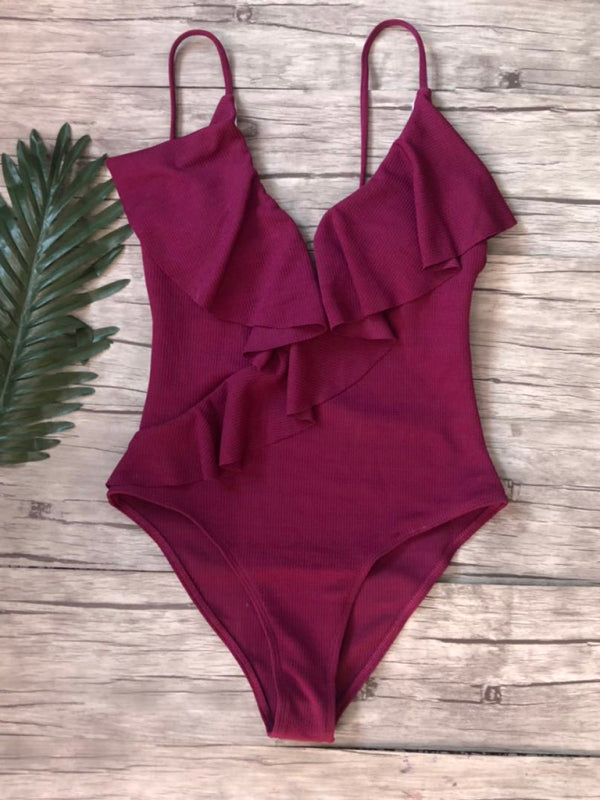 New bikini solid color one-piece ruffled sexy shoulder swimsuit - Dark red / S