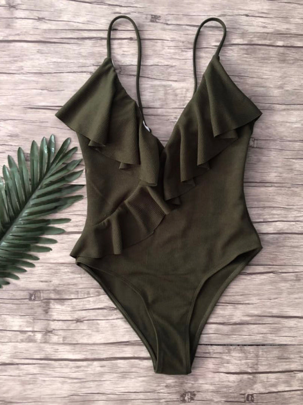 New bikini solid color one-piece ruffled sexy shoulder swimsuit - Green / S