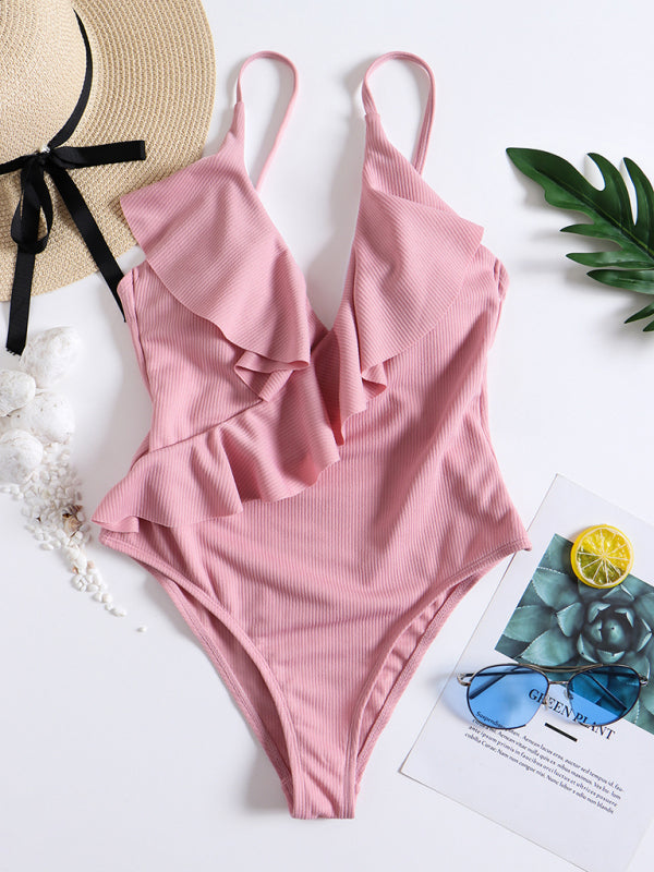 New bikini solid color one-piece ruffled sexy shoulder swimsuit - Pink / S