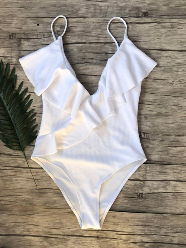 New bikini solid color one-piece ruffled sexy shoulder swimsuit - White / S